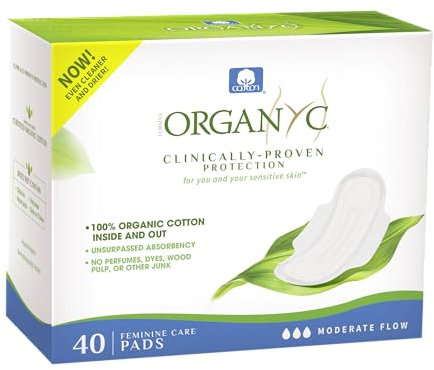 Organyc - Assorbenti femminili in cotone biologico certificato al 100%, assorbenti igienici, 40 pezzi, flusso moderato, assorbimento regolare, nuova confezione di grandi dimensioni