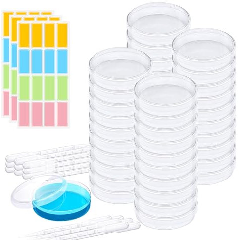40 Piezas Placas de Petri de 60mm, Placa de Petri de Plástico Transparente, con 20 Pipetas de Transferencia de Plástico, para Semillas Hongos Análisis de Laboratorio