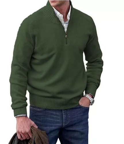 Suéter básico de cachemira con cremallera para hombre, suéter de punto casual de manga larga, suéter de punto sólido, Ejercito Verde, XXXXXL
