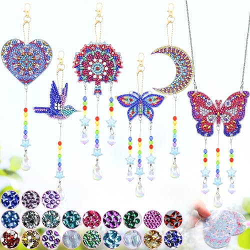 Yiomxhi Diamond Painting Sonnenfänger Windspiel Bastelset, 6 Stück 5D Diamond Painting Anhänger, Diamond Painting Sonne Schmetterling Vögel Set Basteln Geschenke für Mädchen Kinder ab 6-12 Jahre