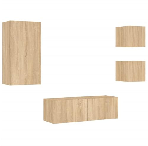 vidaXL TV Wohnwand 4-TLG., Wandschrank mit viel Stauraum, Fernsehschrank Schrank mit LED-Leuchten, Wandmontage TV Einheit Möbel Wohnzimmer Set, Sonoma-Eiche