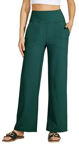 WILLIT Yogahose Damen Weites Bein Sporthose Hohe Taille Yoga Hosen Bauchkontrolle Schlaghose Freizeithose Frauen Jogginghose mit Taschen 28 Grün M