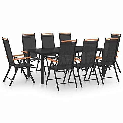 Homgoday 9-TLG. Garten Essgruppe Gartentisch mit Stühle Sitzgruppe Gartenstühle Gartenmöbel Set Garrten Esstisch StuhlBalkonmöbel Sitzgarnitur Gartengarnitur Aluminium Schwarz