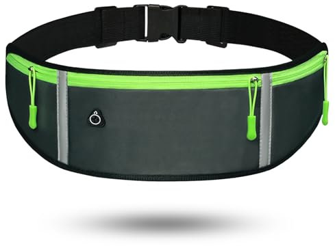 Zimoer Riñonera Deportiva Riñonera Running Hombre Mujer Reflectante Cinturón para Correr con Tiras Reflectantes y Orificio, Cinturon Running Porta Movil Running para Entrenamiento Viajes y Más (Gris)