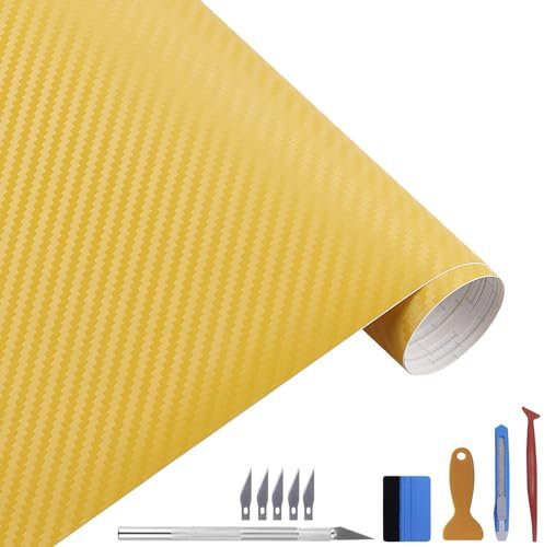 Carbon Autofolie Matt Gelb Mit Einbauwerkzeug, 30 x 300 cm Selbstklebend 3D Car Wrapping Blasenfrei Vinyl Folie, Carbonfolie Lackschutzfolien für Auto Motorrad DIY