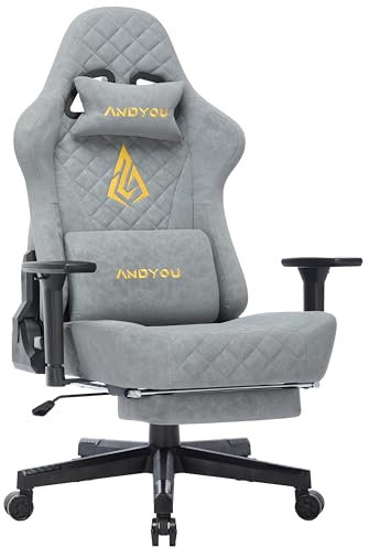 Andyou Gaming Stuhl Racing Gamer Sessel, Ergonomischer Gaming Chair Bürostuhl mit Verstellbare Lendenkissen, Fußstütze, Kopfkissen und 3D Armlehnen, Vintage-PU-Leder 90-150°, Grau