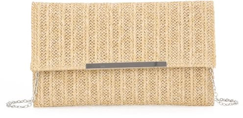 EVEOUT Pochette en Paille Tissée Femmes été Clutches Sac Paille avec Chaîne pour Parti Mariage Plage Vacances(Couleur Naturelle)