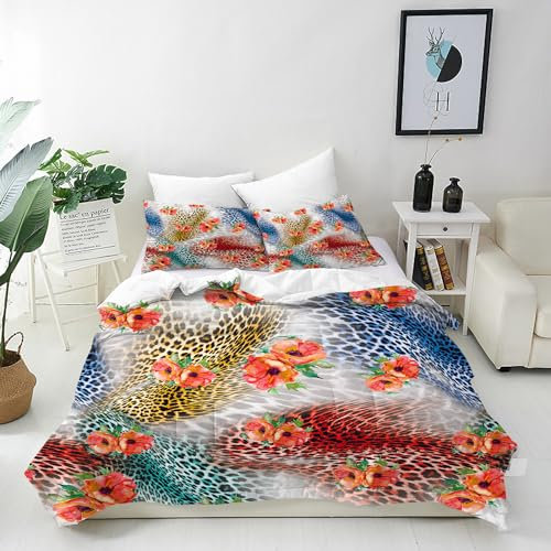 ANHOPE Leopard Bettwäsche Set 2 Teilig Geparden Haut Blume Bettbezug 135x200 cm + Kissenbezug 80x80 cm Weich Microfaser Bettbezüge mit Reißverschluss Ganzjahres Bettdeckenbezug Set