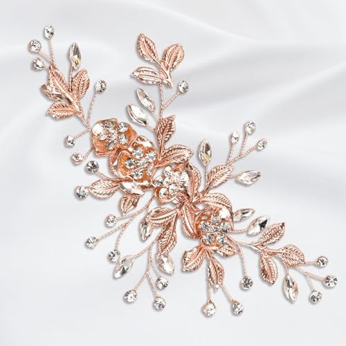 Wedding Hair Clip Hair Rose Gold Accessories for Bridal Bridesmaid Girls Wedding Hair Vines Handmade Flower Rhinestone Headpiece Hair Pins for Women Hair Side Combs