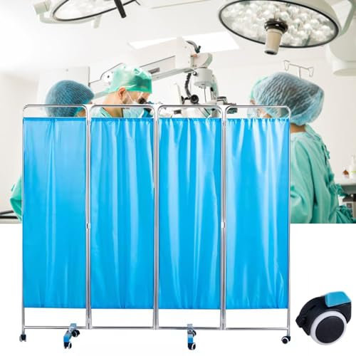Raumteiler Blaue Klappschirme und Raumteiler 4 Panel, Freistehend Rolling Privacy Screen Medical auf Rädern, Große Edelstahltürpartition