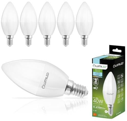 Lumiled B35 E14 LED Lampe 5W (ersetzt 40W), 470 Lumen, Kerze Milch Glas Leuchtmittel in Kerzeform 6500K Kaltweiß Birne Lampen 180° Grad Abstrahlwinkel Glühbirnen Kerzenbirnen 6er-Pack