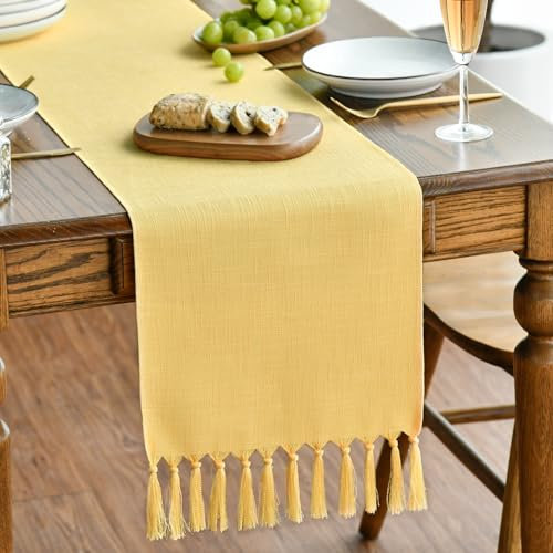 Artoid camino de mesa con borlas de estilo rústico amarillo, lavable para decoración de cocina, mesa, fiestas, cumpleaños y bodas, 33 x 183 cm