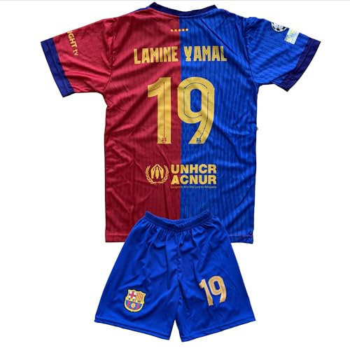 Qycksouth Lamine Yamal Barcelona Maillot de football pour enfants N°19 Home 2024 - Bleu - Taille 152 (8-9 ans) - Unisexe - Manche courte - T-shirt de sport - Livré avec short de football (4-13 ans)