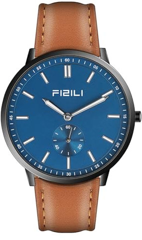 Ultradünne Herrenuhren, modische analoge Quarzuhr, wasserdicht, minimalistische Armbanduhr mit Leuchtskala und -zeigern, Lederarmband für Männer Braunem Blaues
