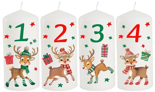 Kerze Adventskerze individuell mit Name und Spruch als Tischdeko. Tischdekoration Adventskerze als Geschenk. Liebevolle Kerze 4er Rentier Rudolph 1 2 3 4 Brenndauer: 10 Stunden, Ø5 x Höhe 10 cm