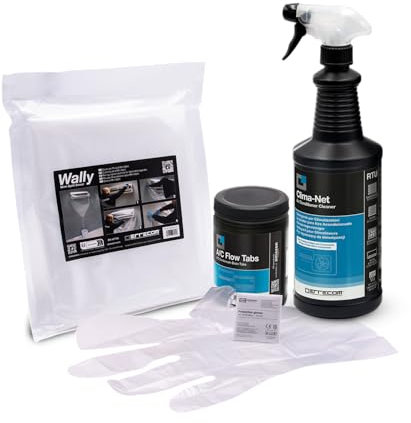 ERRECOM Kit limpieza aire acondicionado, incluye detergente Clima-Net 1L limpieza unidad interna y filtros, funda protectora Wally, A/C Flow Tabs, 40 pastillas para limpieza del desagüe, guantes