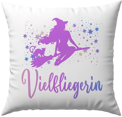 Printparade Vielfliegerin Hexe Besen Wicca Magie Urlaub Halloween Wortspiel Deko Kissen Geschenk