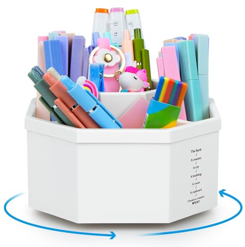 MOWETOO 360° Drehbar Stiftehalter Kinder - Schreibtisch Organizer mit 5 Fächer, Stifte Organizer Weiß für Schreibtisch, Schule, Büro, Familie