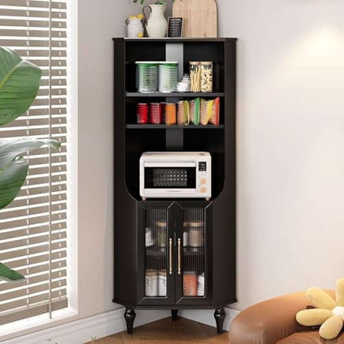 WEIDPHL Eckschrank, Hoher Eck-Vorratsschrank, Hoher Lagerschrank Mit Glastüren, Bücherregal, Vitrine Für Wohnzimmer,Schwarz