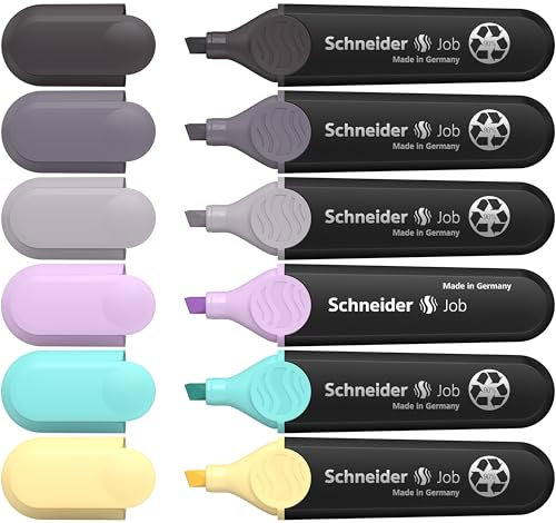 Schneider Job 150 Textmarker Pastell mit Grautönen (aus recyceltem Kunststoff, ausgezeichnet mit Der blaue Engel) 6er Etui, sortiert, türkis, flieder, vanille, taupegrau, mauvegrau, schiefergrau