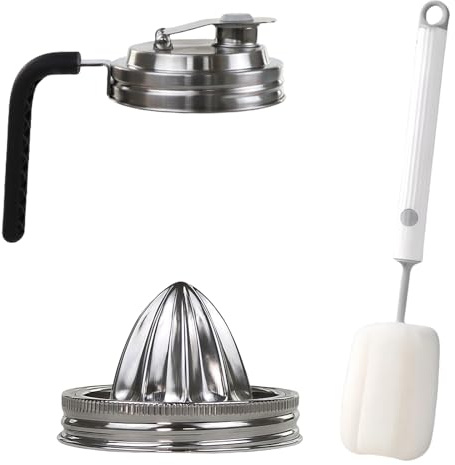Stainless Steel Mason Jar Pour Spout & Juicer Lid, Reusable Leaking Proof Flip Cap with Handle, Citrus Reamer for Wide Mouth Jars - Includes Bottle Cleaning Brush
