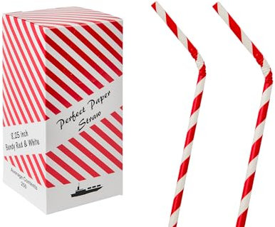 250 x Compostable Bendy Paper Straws – 6mm Wide x 210mm Long Red Stripe, Flexible & Biodegradable – Drinking Straws for Juices, Shakes, Smoothies, Birthday Parties