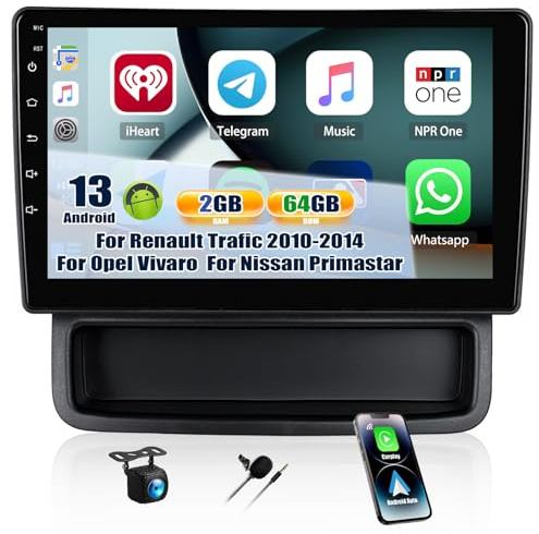 CAMECHO 2+64G 10 Zoll Autoradio für Renault Trafic 2010-2014/ Opel Vivaro/Nissan Primastar, Android 13 Wireless Carplay HD Bluetooth Radio mit GPS WiFi Android Auto FM/RDS +Rückfahrkamera Canbus