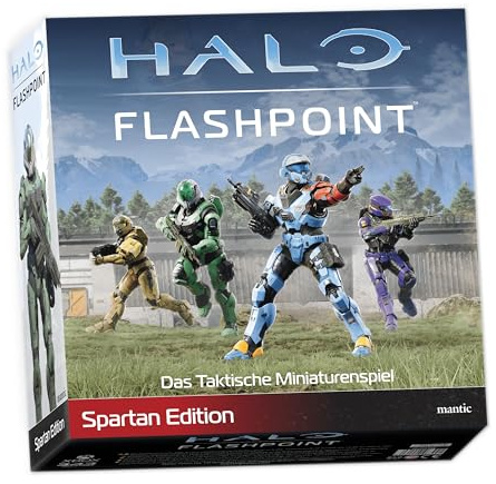 mantic Halo Flashpoint Spartan Edition - deutsche Verison - taktisches Miniaturenspiel, 16 Spartan‑Modelle, Pappgelände, Spielmatte, Würfel, Tabletop-Brettspiel für ab 12 Jahren
