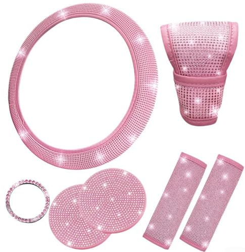 GLFLOW Auto-Innendekorationsset, Diamant-Lenkradbezug mit Strass-Schaltabdeckung und Untersetzern (Rosa)