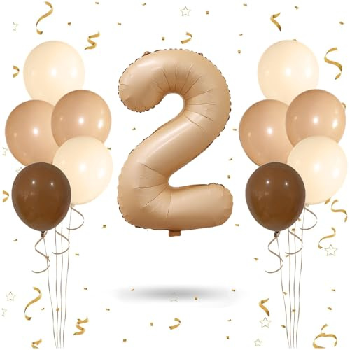 Wuokkig Karamellbraunes Ballonset, 32 Zoll Folienballon 2 mit Latexballons | Deko zum 2. Geburtstag, 32 Zoll Folienballon Nummer 2, 10 Zoll karamellbraune Latexballons, Partydeko für Kinder