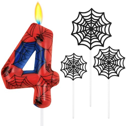 Alaoo Spinnennetzkerzen Zahlen 4, Geburtstagskerzen Zahlen 4 | Blau Rot Kerzen mit Spinnennetz, Spinne Thema Geburtstagskerzen fürJungen Spinnen Motto Halloween Party Karneval