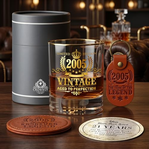 Vaso Whisky 2005 Regalo Hombre 21 Años Cumpleaños Ideas Regalos Originales para Hijo Hermano Copa Vintage Degustación Ron y Gin Decoración Fiesta 21 Aniversario Navidad