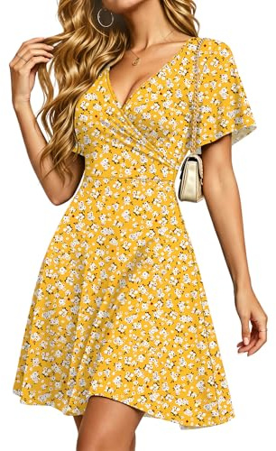 PLMOKEN Summer Dresses Women UK Casual V Neck Wrap Dresses with Pockets | Ladies Sexy Warp Floral Beach Dress Empire Waist Ruffle Sleeve Mini Wedding Guest Dress