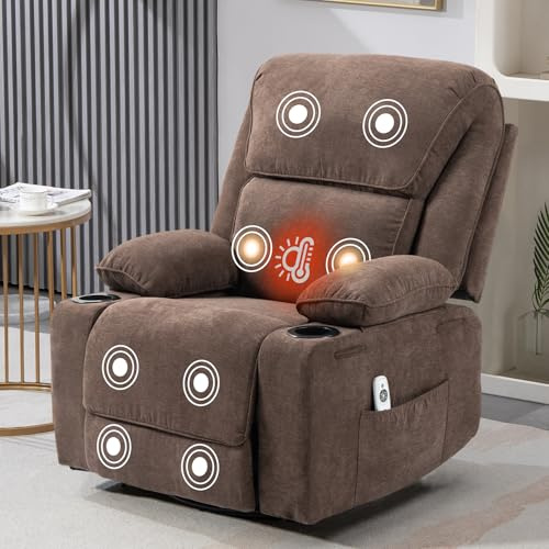 BRTHORY Relaxsessel mit Massagefunktion Fernsehsessel Liegefunktion Vibration Heizung, Dicke Rückenlehne und Armlehnen, mit Wippfunktion, 360°drehbar, Braun