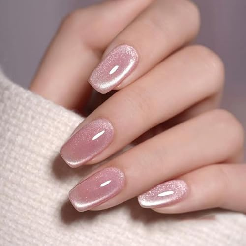 CurvLife Medium Square Chrome Cat Eye Press On Nails, Galaxy Mirror Pink | 32PCS in 16 Sizes, Salon-Quality Fake Nails, Curved Fit, Glue-On Nails with 7-14 Day Wear, Reusable Stick-On Nails