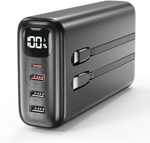 Batteria esterna 51000 mAh, Power Bank 22,5 W, ricarica rapida con cavi USB-C e Lightning integrati, schermo LED, 6 uscite per iPhone 16 15 14, Huawei, iPad, Camping, Emergenza