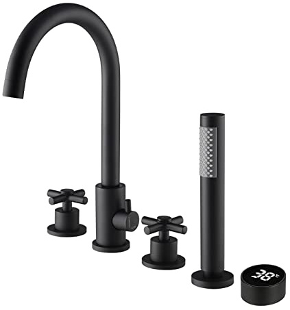 Robinet De Baignoire Romain Avec Douchette, Robinet De Baignoire 4 Trous À Montage Sur Plage, Robinet De Baignoire Avec Affichage De La Température, Mitigeur De Douche Noir Pour Salle De Bain