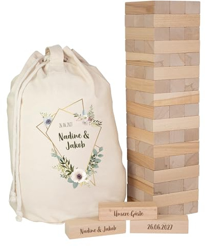 Herz & Heim® XXL Jenga Wackelturm Hochzeitsgeschenk – Gästebuch aus Holz personalisiert mit Gravur der Namen & Datum mit Geschenksack aus Baumwolle – Brautpaar Geschenk Hochzeit (Blumenbukett)