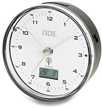 ADE Funkwecker CK 1713. Geräuschloser Wecker ohne Ticken mit analoger Zeitanzeige, Thermometer, Datum und Snooze-Funktion. 8,2 cm Durchmesser. Mit Batterie. Farbe: Schwarz-Weiß