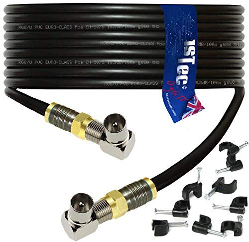 1STec 5m Black Right Angled Gold F-connector Coaxial Male Plug to Plug Digital Freeview BT Youview Aerial Wall Socket to LED LCD Flat Screen TV or DVR Extension Cable + Cable Clips (5 Metre, Black)