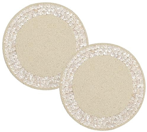 Tischsets mit Perlen, 33 cm, rund, handgefertigt, für Esstisch, Tafelaufsatz, Hochzeit, Urlaub, Erntedankfest, goldfarben, silberfarben, beige, Glasperlen, 2 Stück (Elfenbein) ALPHA Living HOME