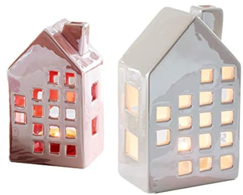 khevga - Decorazioni natalizie porta candela in ceramica a forma di casetta, set da 2 pezzi (rosa/crema, 14 cm + 16 cm)