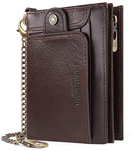 HNOOM Portefeuille Homme en Cuir Blocage RFID Porte Monnaie Homme avec Chaîne Petit Portefeuille pour Homme et Porte-Cartes Poche à Monnaie Classique Porte Feuille Boîte Cadeau (Café)