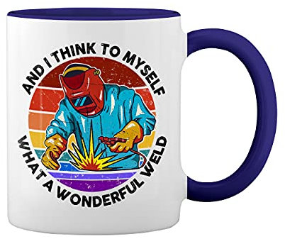 Retro And I think to myself what a wonderful weld Hot rods worldwide Weiße Tasse Mug mit blauem Felgen und Griff