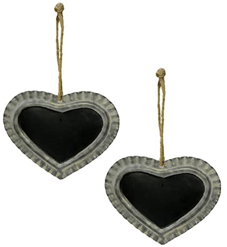 MACOSA SA82886_x2 Dekoherz mit Tafel zum Hängen Metall Silber Schwarz 14 cm Metallherz Deko Herz Zinkherz Hängedekoration Dekotafel Schreibtafel