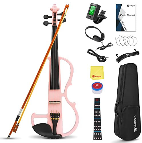 Vangoa 4/4 Elektrische Violine Geige aus Massivem Holz Electric Stille Violine in Volle Größe mit Kolophonium, Tragetasche, Audiokabel, Schulterstütze, Bogen, Rosa