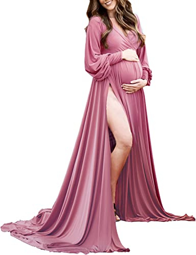 ChoiyuBella Robe de maternité à Manches évêque, Robe de fête prénatale, Fente latérale, chérie Maxi séance Photo pour Photographie, Violet Clair, XX-Large