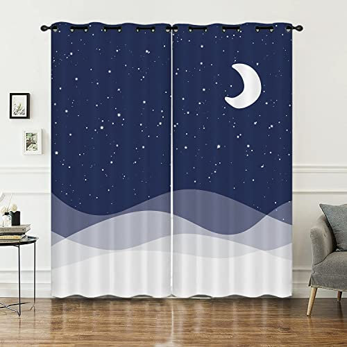 HOSIMA Mond und Stern vorhänge Blickdicht mit ösen Verdunkelungsvorhänge,2-Set 140x245cm Sternenhimmel Blau Glitzerstern Muster Aquarell für Schlafzimmer Wohnzimmer(Mond und Stern 140x245cm)
