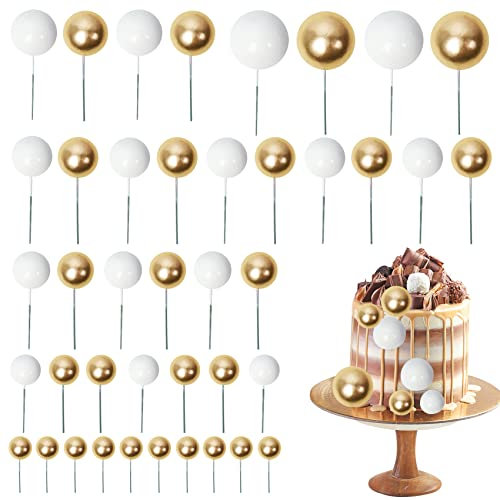 66Pcs Cake Balls Cake Toppers Decoration, Mini Balloon Cake Toppers Gold and White Cake Decorations for Birthday, Anniversary, Graduation, Baby Shower Party Supplies(Gold, White)