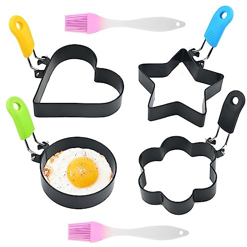 Vueinrg 4 Pièces Moule Pancake, Moule Oeuf au Plat avec Poignée,Moule Oeufs Frits Acier Inoxydable, Anneau D'Oeufs pour la Cuisson œuf au Plat, Pancakes, Omelettes et Plus (4 Formes)